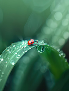 昆虫叶子摄影照片_春天春季树叶上水滴的瓢虫摄影配图