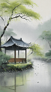 山水雨背景图片_清明节国风雨中春景背景图片