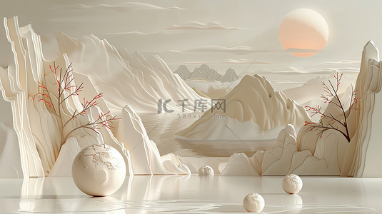 中式山脉背景图片_珍珠白水墨画电商展台背景图