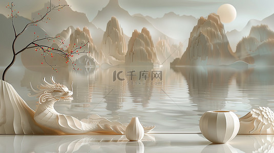 中式山脉背景图片_珍珠白水墨画电商展台素材