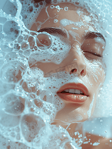 护肤摄影照片_女性使用泡沫洗面奶清洁面部