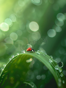 树叶上水滴的瓢虫高清图片