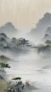 山水雨背景图片_清明节国风雨中春景设计图