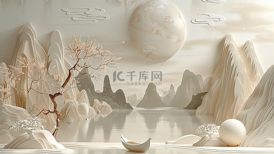 中式山脉背景图片_珍珠白水墨画电商展台图片