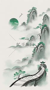 山水小道背景图片_国风水墨上春山诗意意境背景