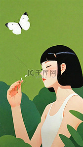 妇女节素材背景图片_春天绿色妇女节优雅清新女孩素材