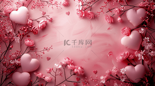 唯美粉色花朵背景背景图片_女神节粉色唯美爱心花朵平面平铺的背景4
