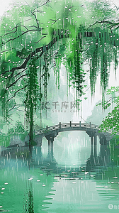 烟雨水墨背景图片_青绿色水墨清明节山水园林背景