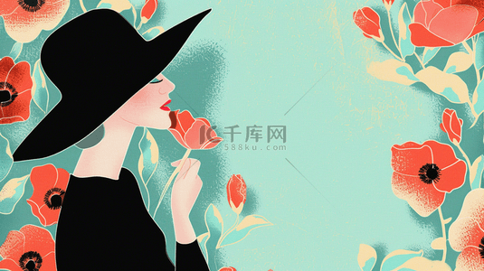 女神节时尚的黑衣女性和花朵背景素材