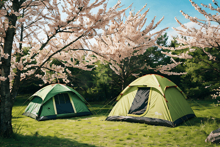春季山间搭帐篷露营摄影图