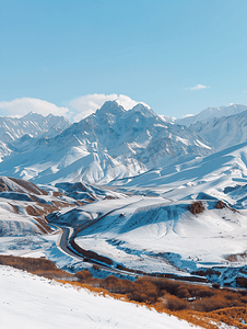 新疆天山雪山风电厂电力基础设施素材背景