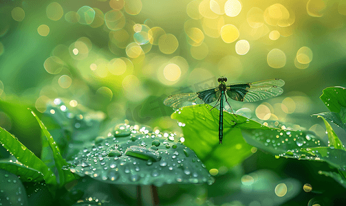 雨天绿叶上的蜻蜓摄影8
