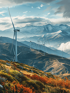 山峰摄影照片_高山上的风能电力发电风车