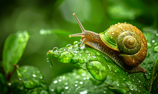 昆虫绿叶摄影照片_雨天绿叶上的蜗牛摄影8