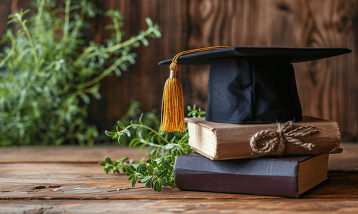 毕业帽子和堆栈的木桌子上的书