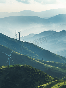 碳中和背景摄影照片_高山上的风能电力发电风车
