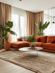 橙色沙发米色的家居布置摄影配图