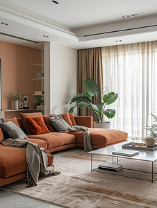 家居布置摄影照片_橙色沙发米色的家居布置高清摄影图