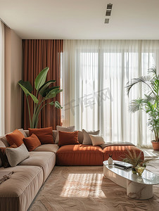家居布置摄影照片_橙色沙发米色的家居布置高清摄影图