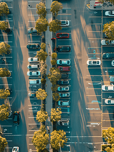 道路服务摄影照片_停车场的鸟瞰图。一半的停车场可用于电动汽车充电服务