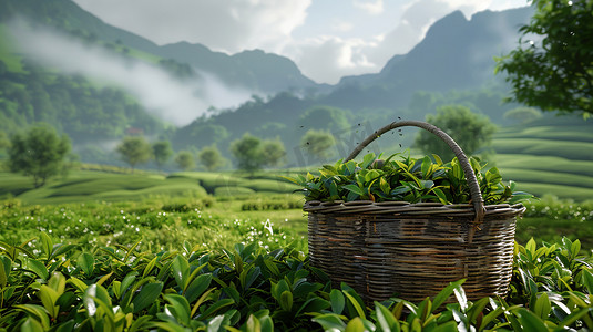 绿色梯田茶叶竹篮的摄影14高清图片
