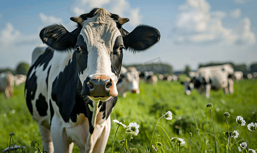 在阳光明媚的春天荷兰草甸的黑白花奶牛的特写