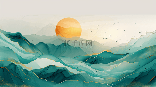 早晨的太阳背景图片_黄绿色金边太阳山水的风景壁画的背景2