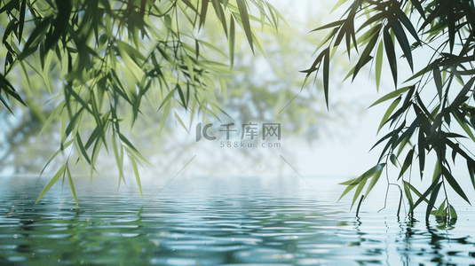 蓝色清新水面波光粼粼树叶的背景16