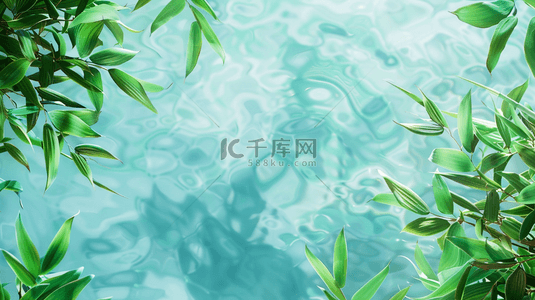 蓝色河水背景图片_蓝色清新水面波光粼粼树叶的背景1