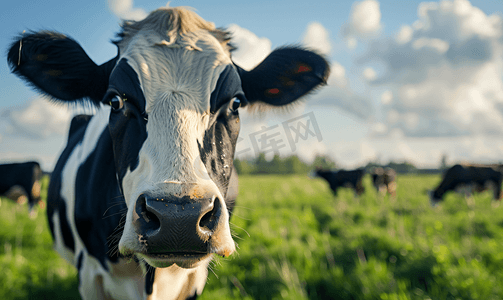在阳光明媚的春天荷兰草甸的黑白花奶牛的特写
