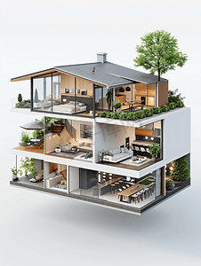 现代住宅截面，适用于智能家居或可持续房屋资讯覆盖，3D渲染