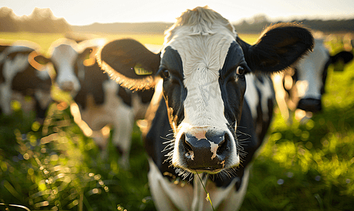 奶牛在吃草摄影照片_在阳光明媚的春天荷兰草甸的黑白花奶牛的特写