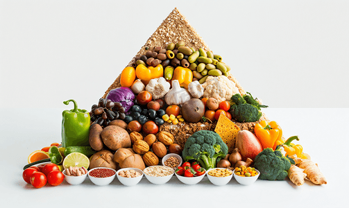 piramide摄影照片_食物金字塔为素食主义者的。在白色背景上孤立.