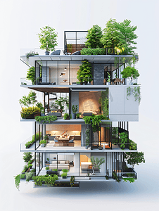 智能家居摄影照片_现代住宅截面，适用于智能家居或可持续房屋资讯覆盖，3D渲染
