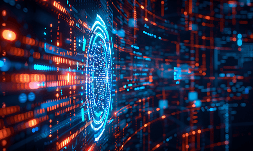 科技业务通信图标围绕 hud 与深蓝色背景与代码行。高科技理念。3d 渲染色调图像双曝光