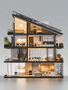 智能家居摄影照片_现代住宅截面，适用于智能家居或可持续房屋资讯覆盖，3D渲染