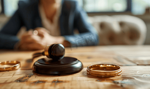 部分观点的律师和客户坐在桌子上与离婚令和结婚戒指
