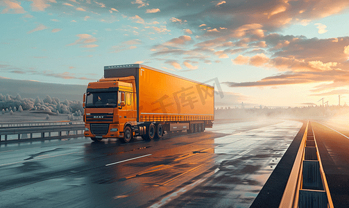 代理摄影照片_一辆橙色卡车正在高速公路上用冷藏拖车运送货物。货物运输中的物流和工业概念、司机代理、复制空间