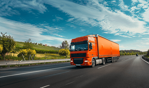 一辆橙色卡车正在高速公路上用冷藏拖车运送货物。货物运输中的物流和工业概念、司机代理、复制空间