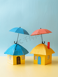 雨伞摄影照片_在工作场所用雨伞覆盖家庭和房屋纸模型的保险代理人部分观点