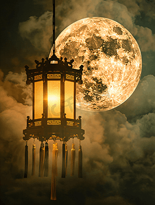 月圆下的孔明灯