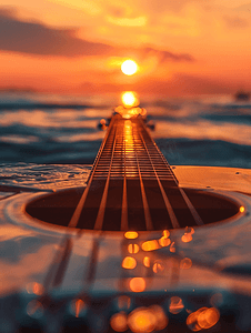 摇滚吉他摄影照片_夕阳下的吉他特写