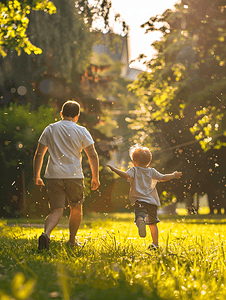 小孩奔跑摄影照片_小男孩和爸爸在草坪上追逐打闹背影