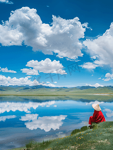 雪山湖面摄影照片_青藏高原纳木措圣湖边的玛尼堆