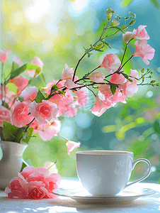 桌上的花与咖啡