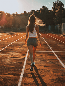 阳光下运动女孩跑道上走路
