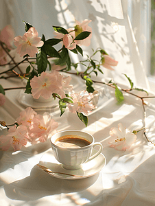文艺小清新咖啡摄影照片_桌上的花与咖啡