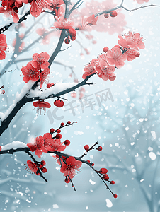 飘动摄影照片_冬天雪季里的梅花枝