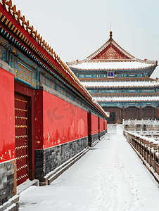 北京故宫红墙的雪景