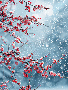 冬天雪季里的梅花枝